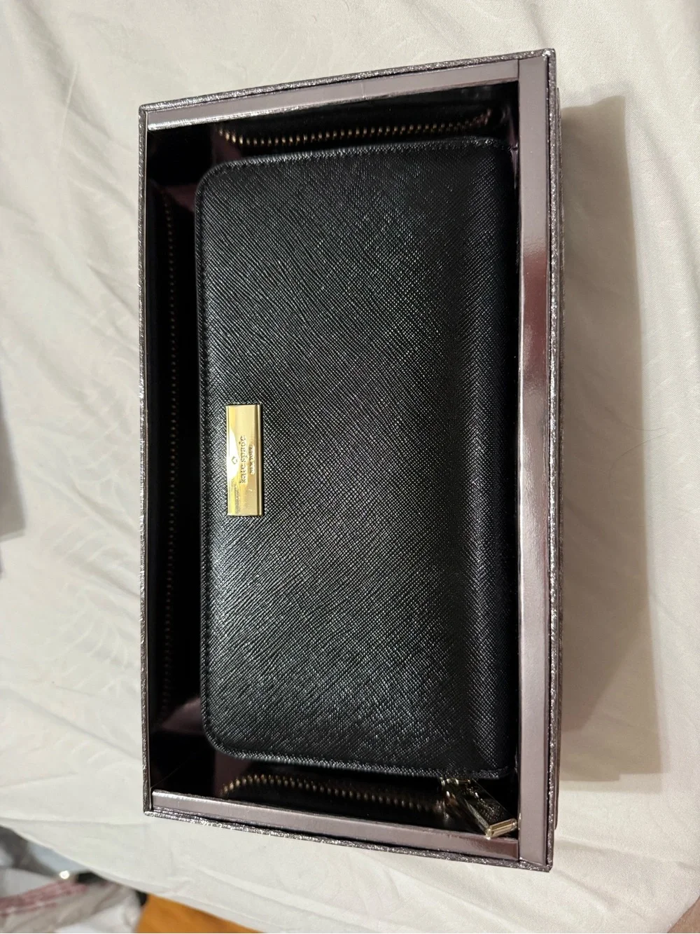 Brand NEW- Black Saffiano Zip-Around Wallet with Gold Plaque